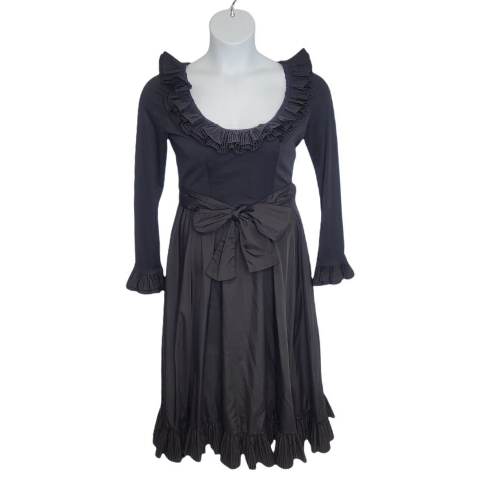 VINTAGE 60s dress black ruffle‎ long sleeve scoop neck midi S
